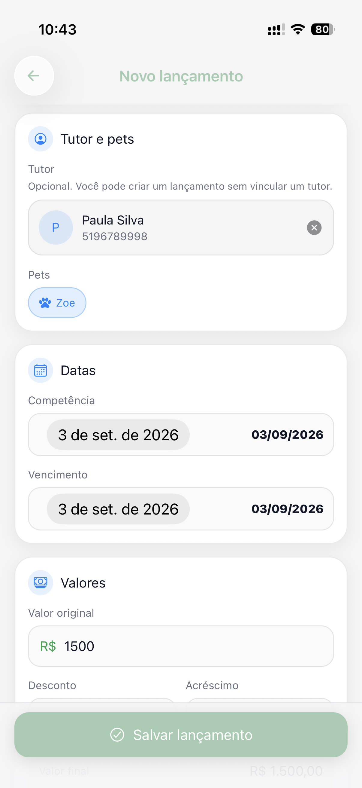 Criação do lançamento manual no FisioVet