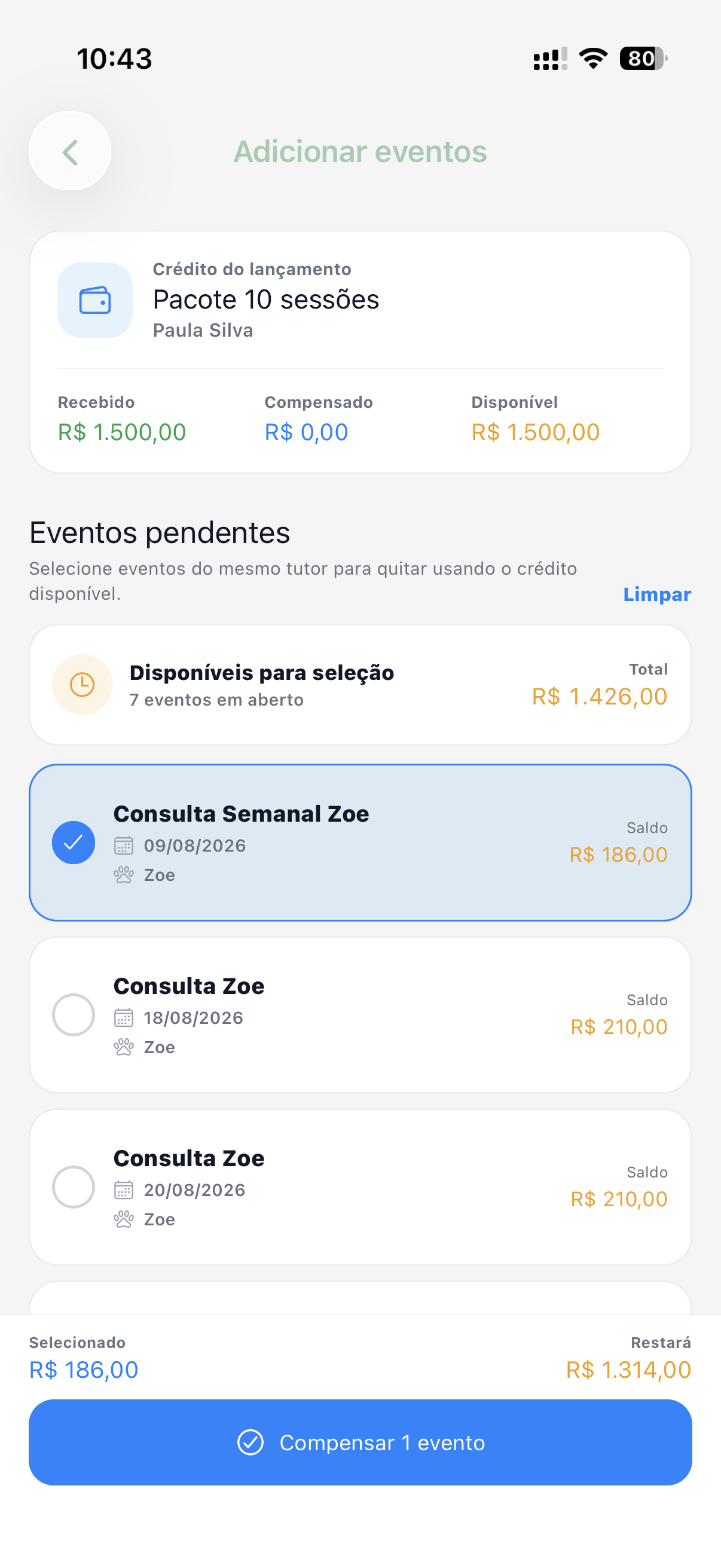 Eventos selecionados para abatimento no FisioVet