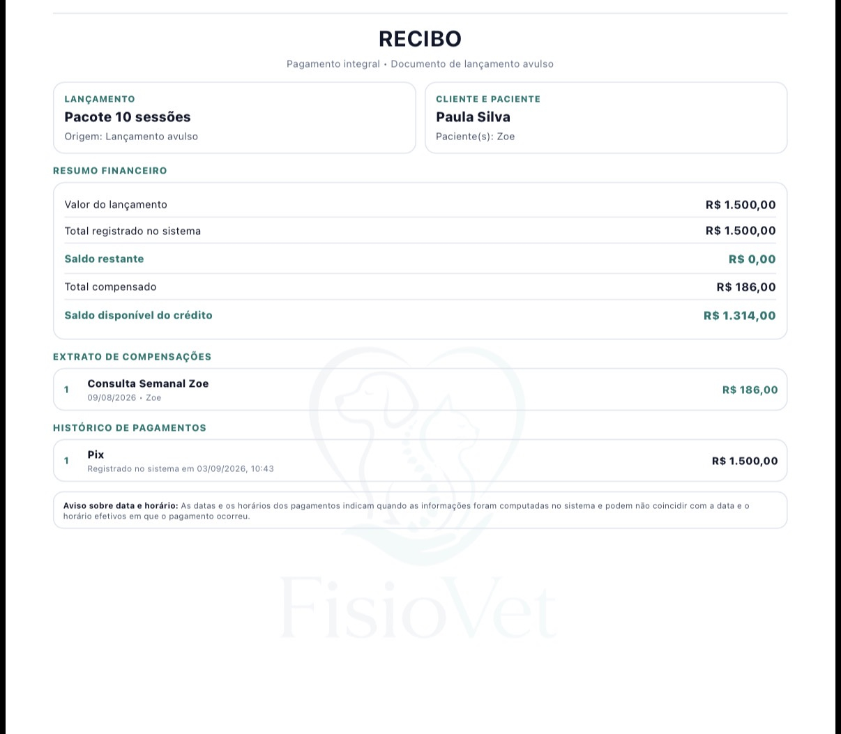 Recibo do pacote com sessões compensadas