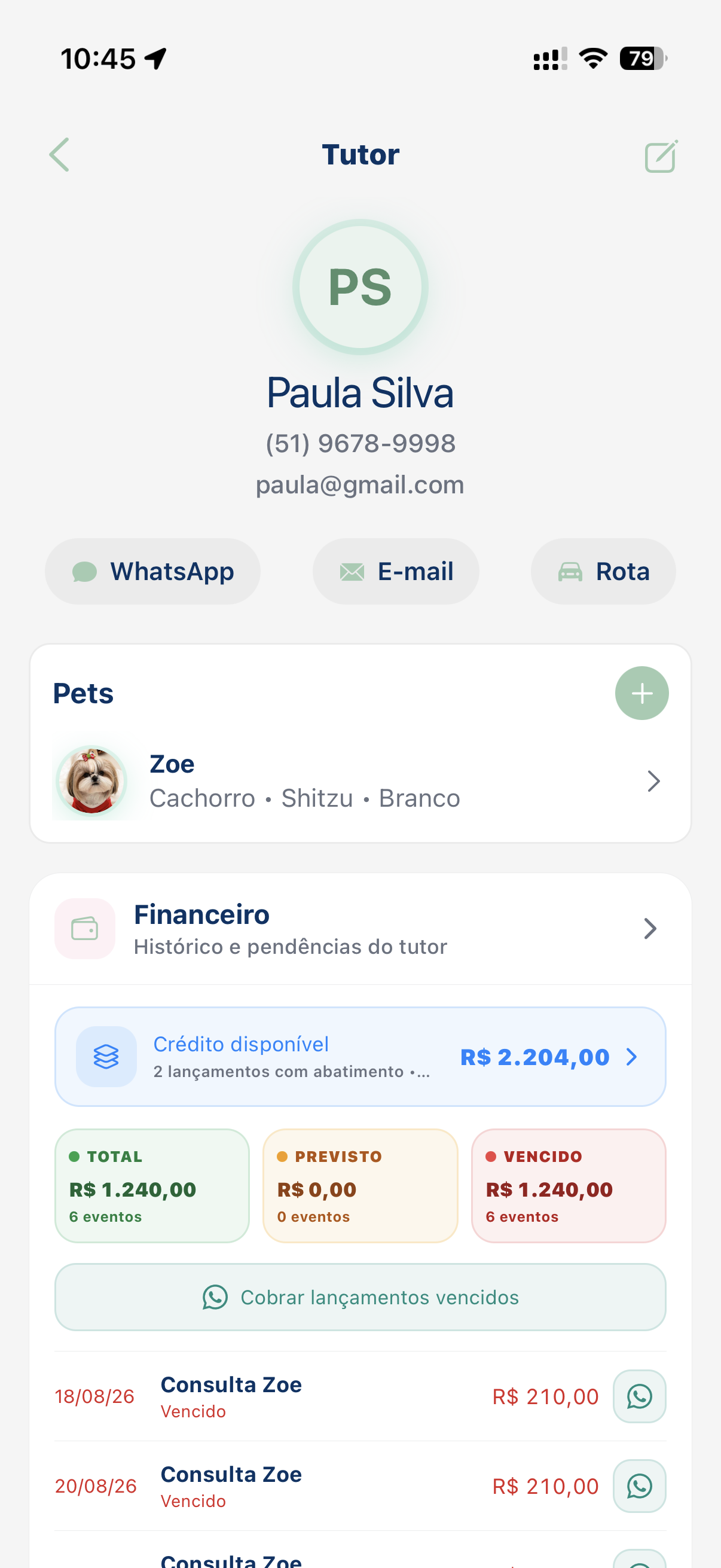 Crédito disponível na área financeira do tutor