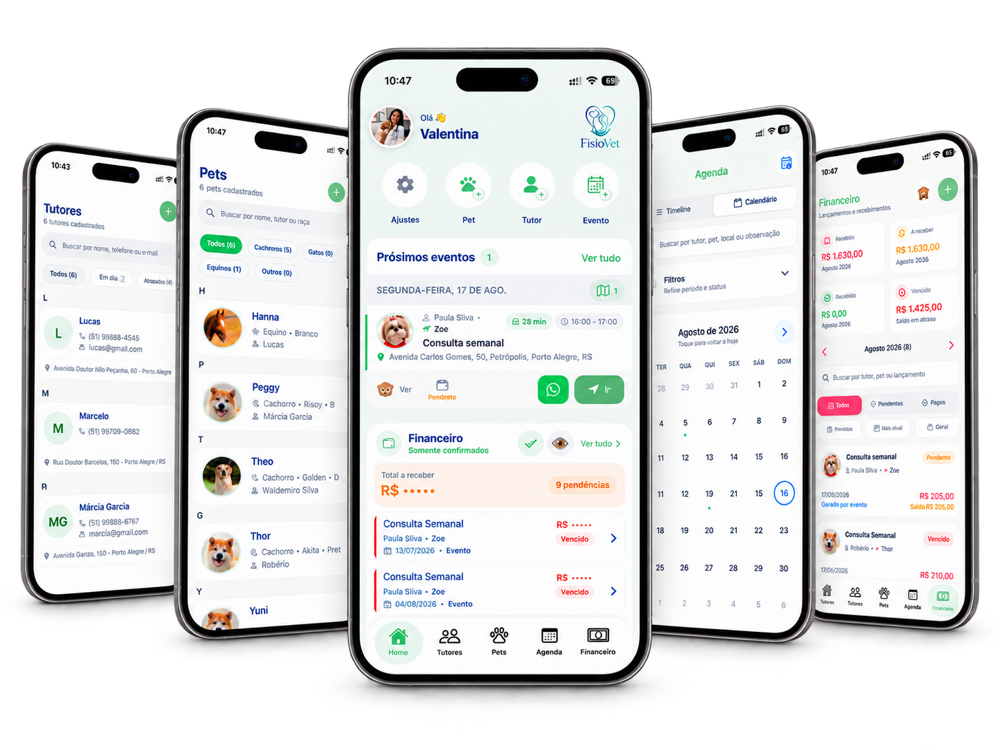 Telas do FisioVet mostrando tutores, pets, agenda, financeiro e a tela inicial