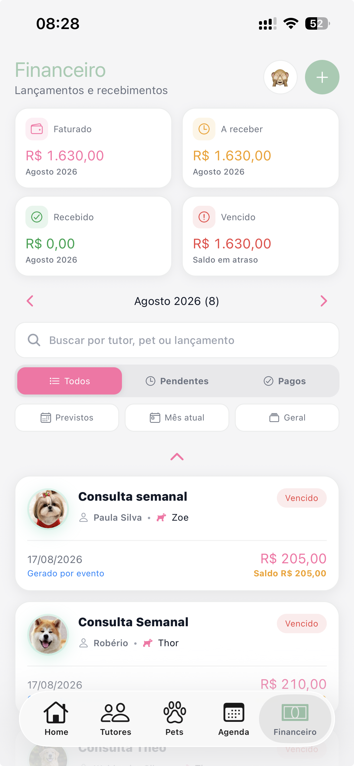 Controle financeiro para veterinários no aplicativo FisioVet